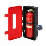 Extintor de 12 kg en caja homologada GPC50370 para seguridad en vehículos. Fácil acceso y protección.